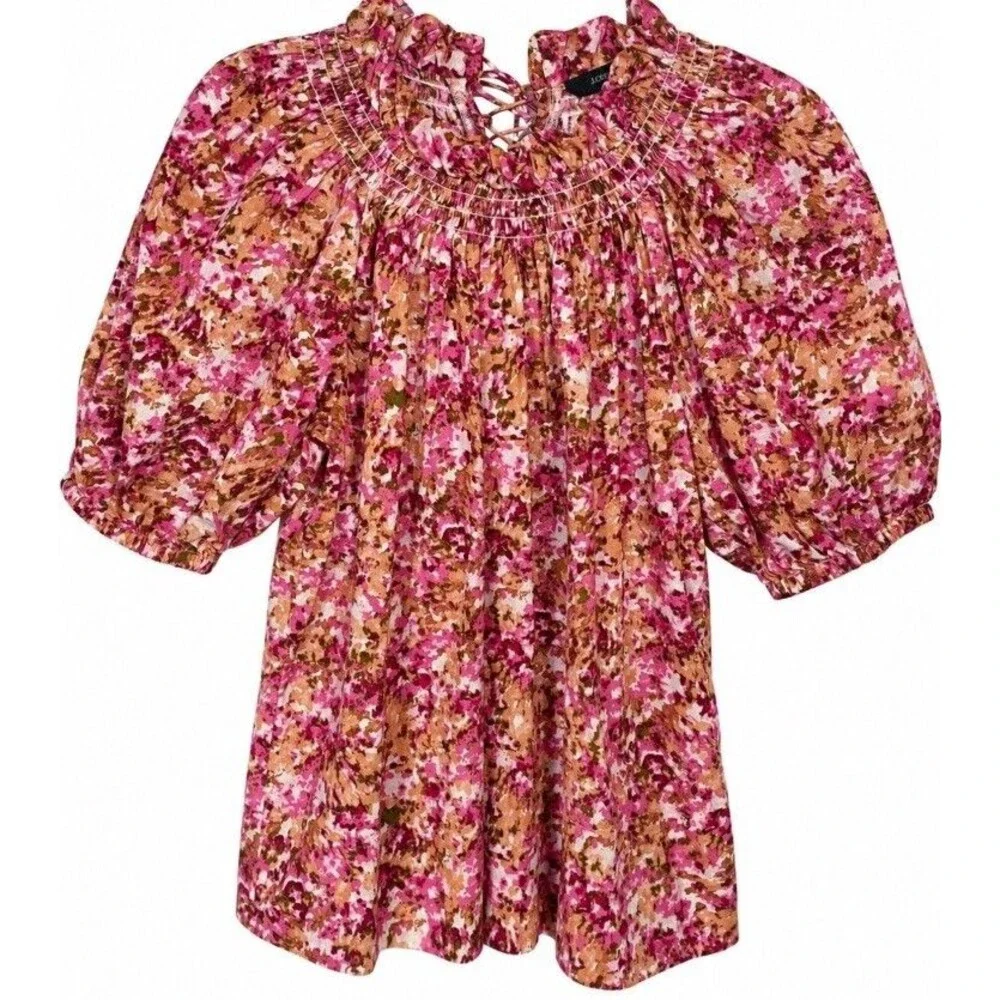 J. Crew Women’s S Pink Floral Blouse Smocked Ruffle Puff Sleeve Cottagecore